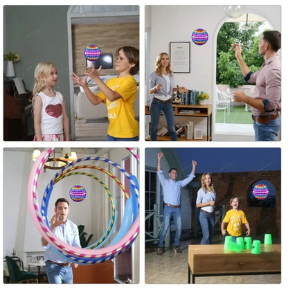 collage of children and adults playing with the LED flying orb indoors for safe active play