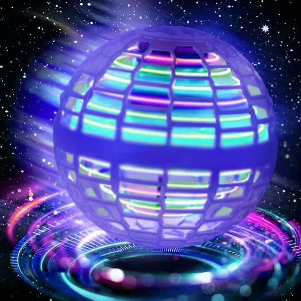close-up of the flying boomerang ball showing vibrant spinning LED lights in a dark setting