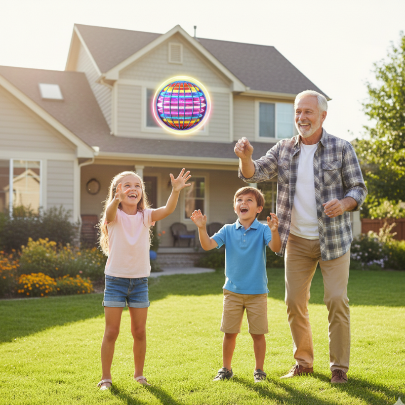 senior man and kids playing with a flying ball in the backyard for active outdoor family fun