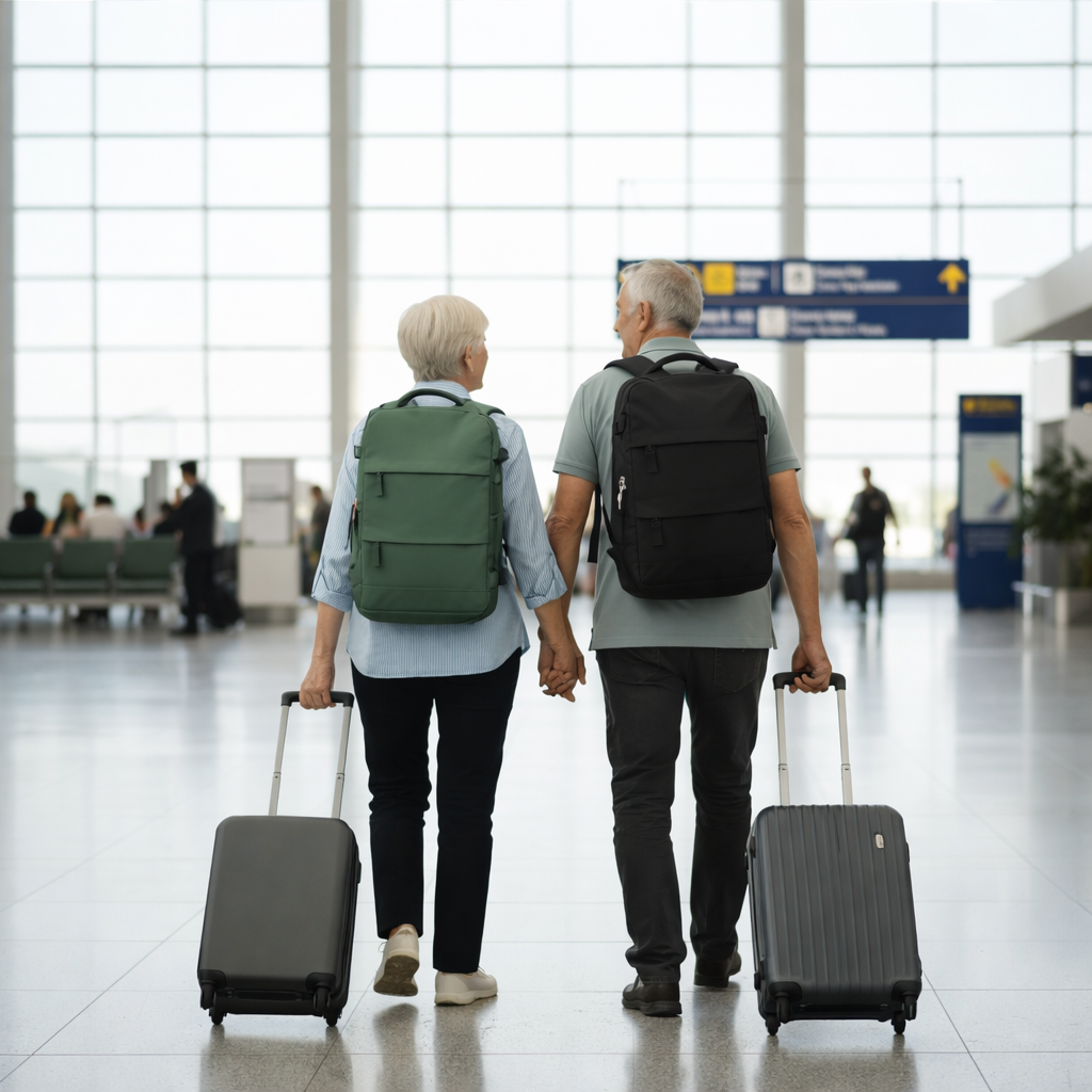 senior couple walking through airport terminal using lightweight carry-on backpacks and rolling luggage