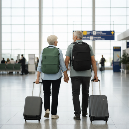 senior couple walking through airport terminal using lightweight carry-on backpacks and rolling luggage