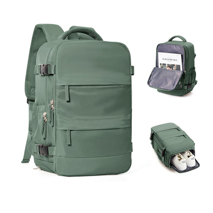 travel backpack showing dedicated bottom shoe compartment and internal organizer