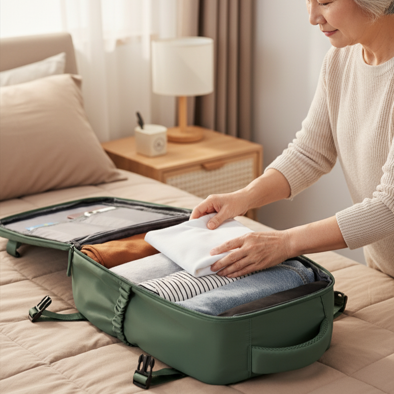 organized interior of the travel backpack being packed with folded clothes by a senior traveler
