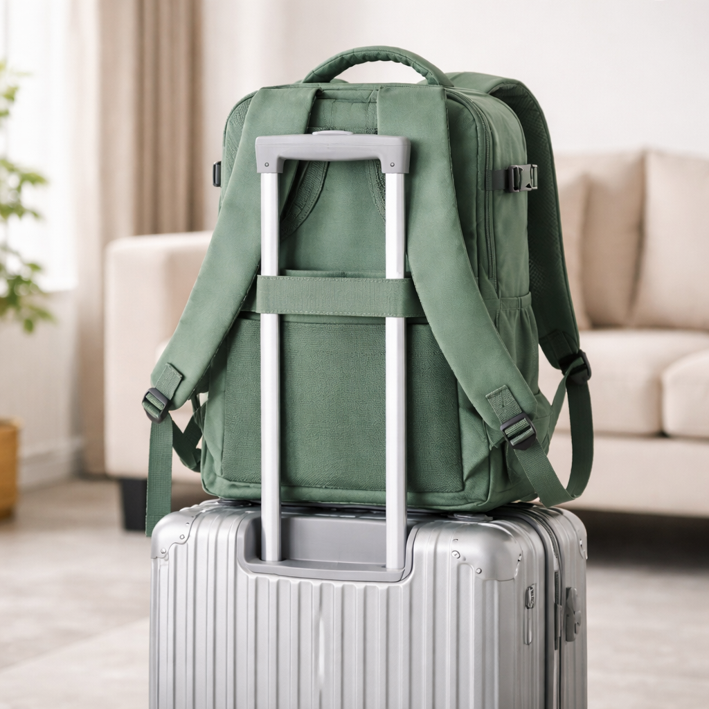green travel backpack secured to a rolling suitcase handle using the built-in trolley sleeve