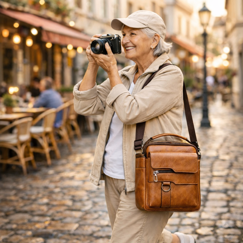 Senior woman traveler using the lightweight crossbody bag outdoors.
