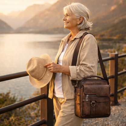 Senior woman traveler using the lightweight crossbody bag outdoors.