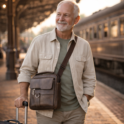 Senior man traveler wearing the lightweight crossbody bag at a station.