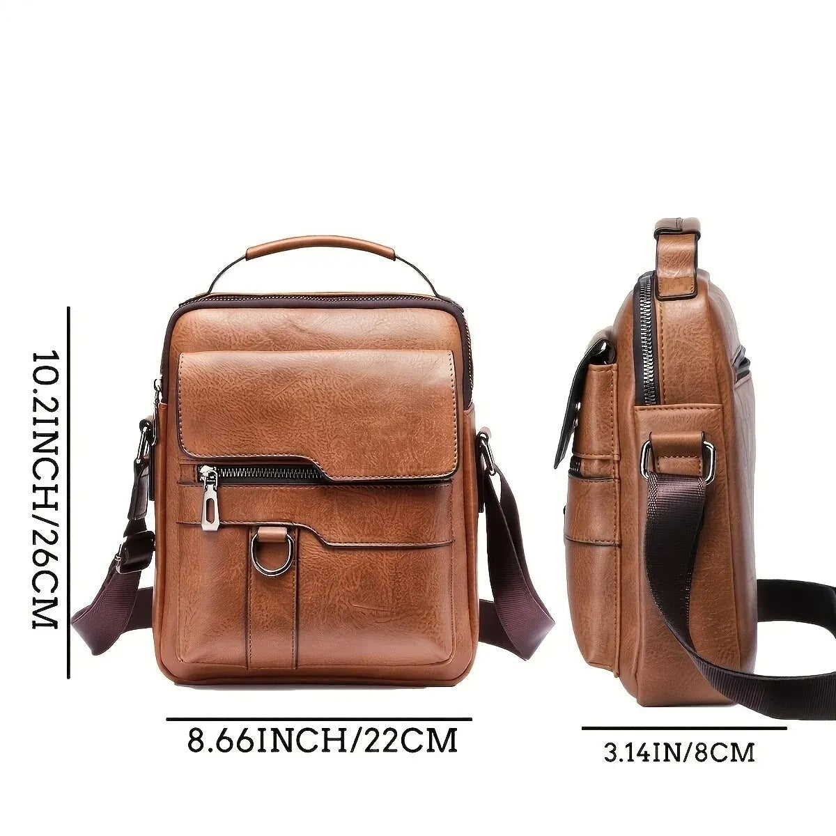 Size chart and dimensions for the lightweight crossbody travel bag.