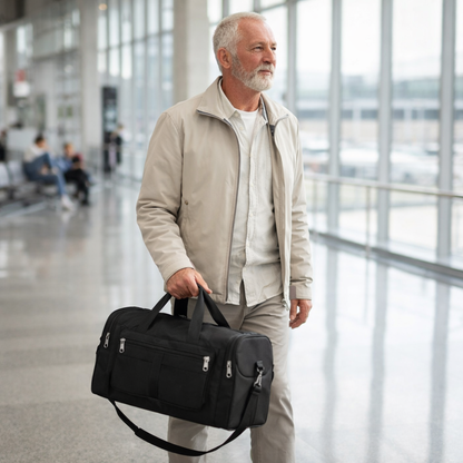 senior man walking through an airport terminal carrying a black lightweight travel duffel bag