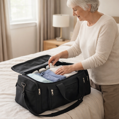 senior woman packing garments into a large capacity travel duffel bag on a bed for a weekend trip