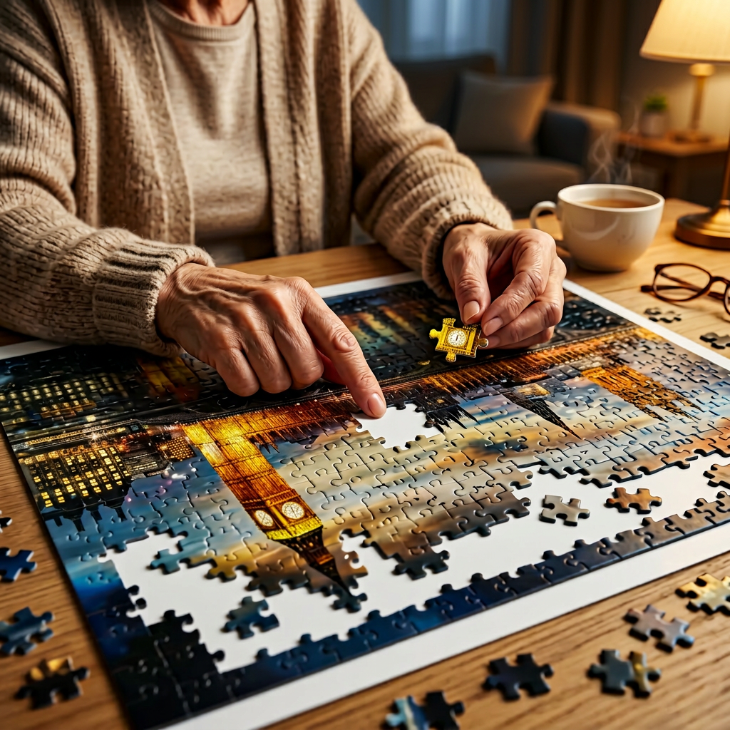 senior woman enjoying a relaxing afternoon hobby by assembling a London-themed
