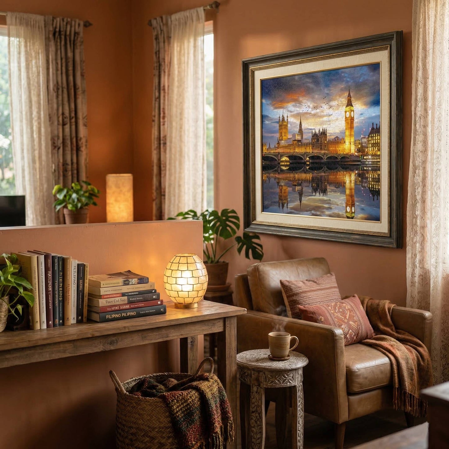 finished and framed London nightscape jigsaw puzzle displayed as elegant home decor in a living room