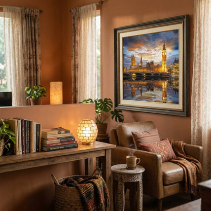 finished and framed London nightscape jigsaw puzzle displayed as elegant home decor in a living room