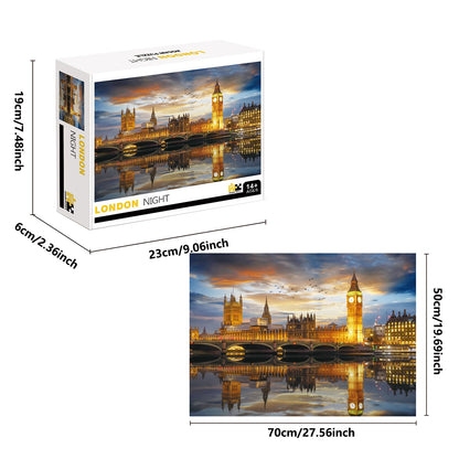 Puzzle box with a London night scene design, showing dimensions and a preview of the puzzle.