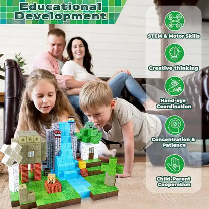 family with kids and grandparents playing with magnetic blocks to develop STEM skills and creativity