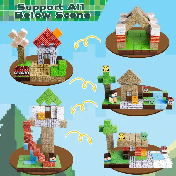 various 3D structures built with magnetic blocks including a windmill, treehouse, and mountain scene