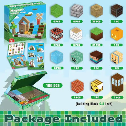 breakdown of 100 pieces of magnetic cubes including various block types like grass, stone, water, and characters