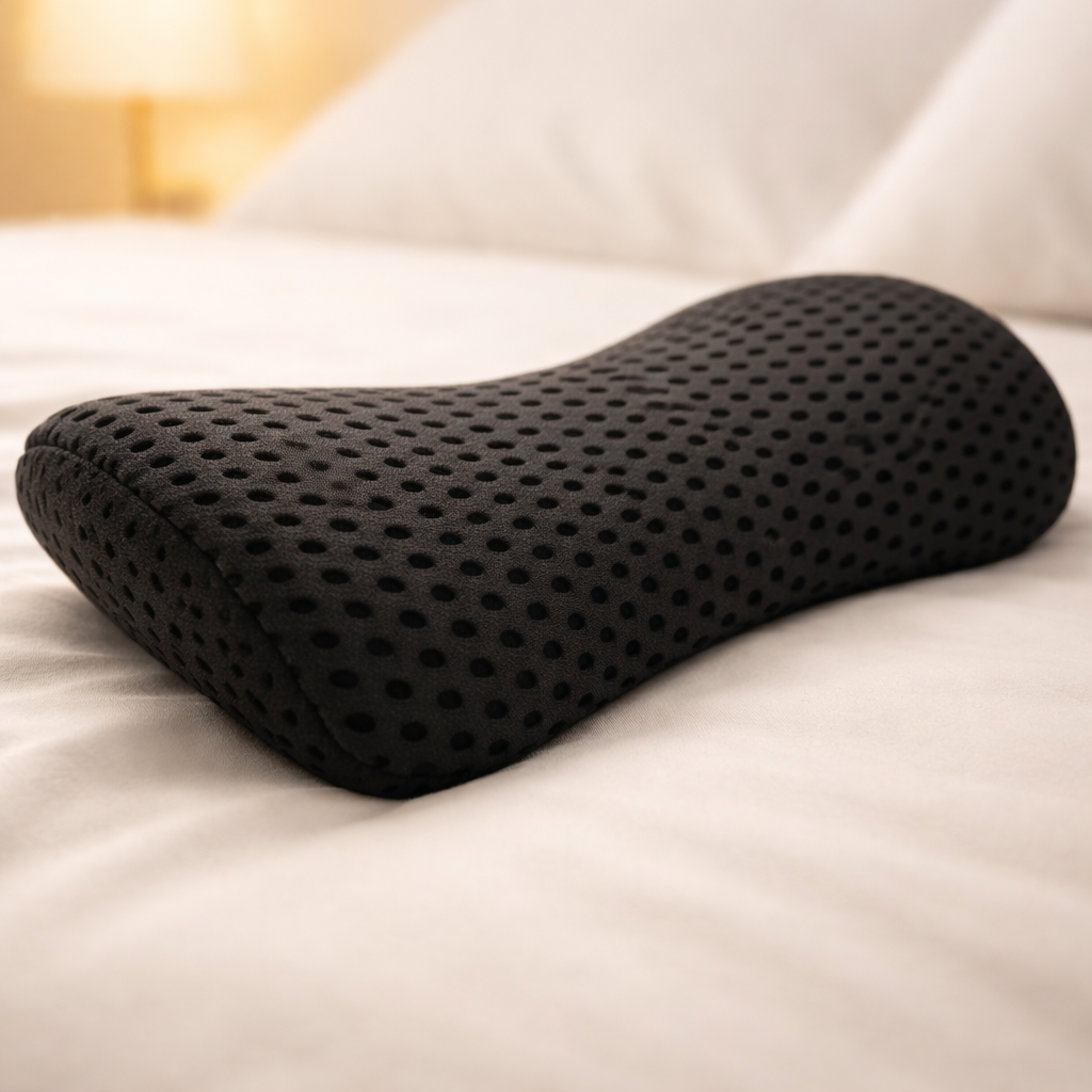 breathable mesh memory foam lumbar pillow placed on a bed for sleeping and relaxation