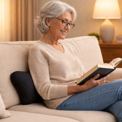 senior woman sitting on a sofa reading a book with a lumbar pillow providing lower back support