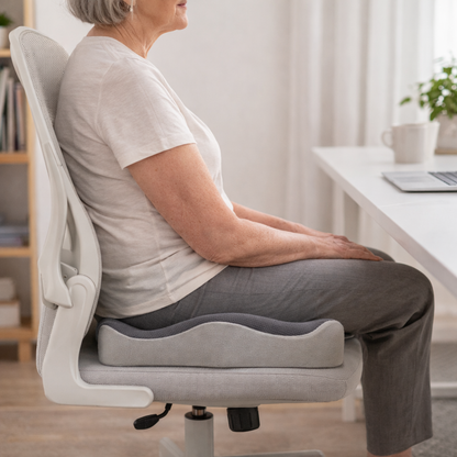 senior woman sitting at a desk using a memory foam seat cushion for lower back and tailbone support