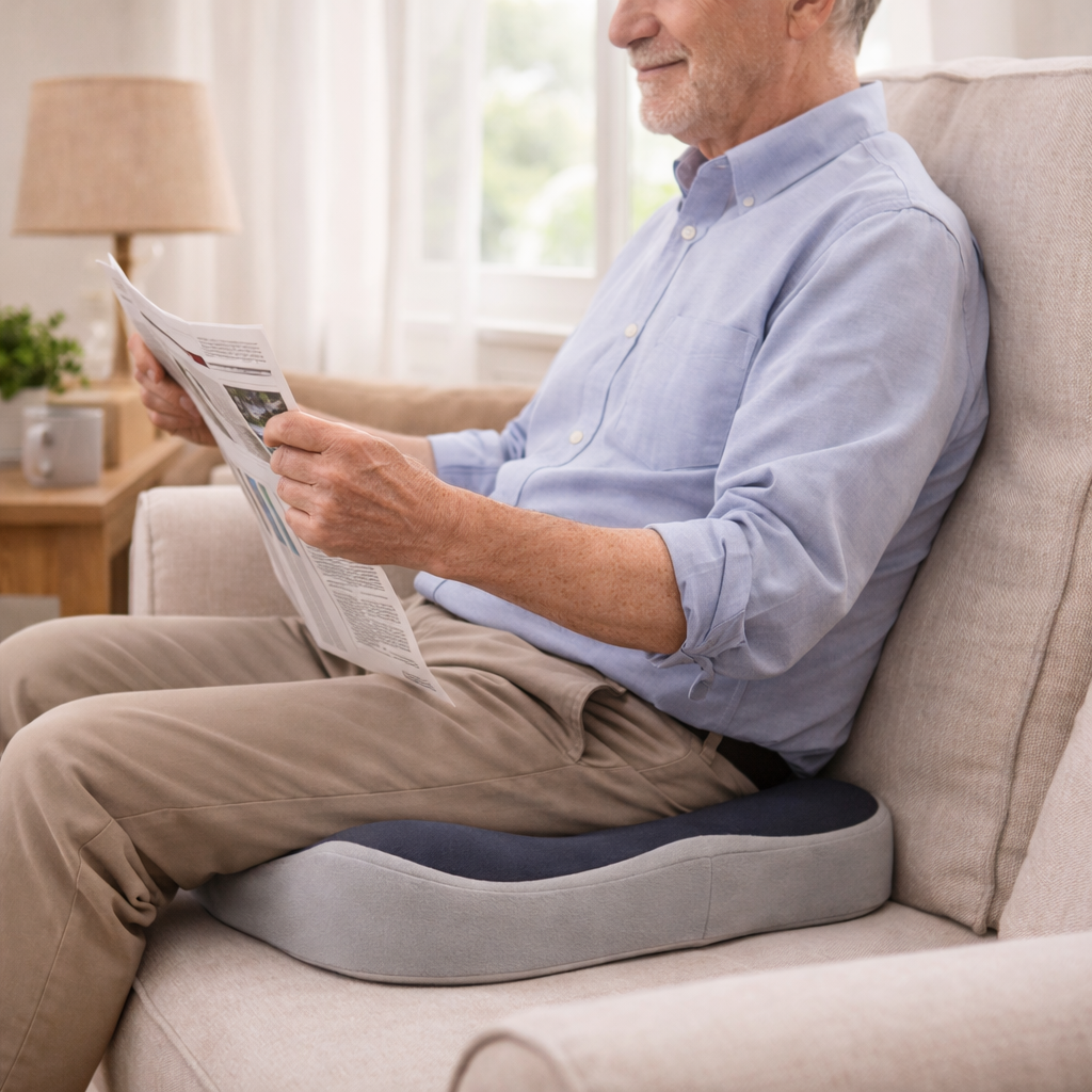 senior man reading a newspaper on a living room sofa with an added memory foam cushion for extra comfort