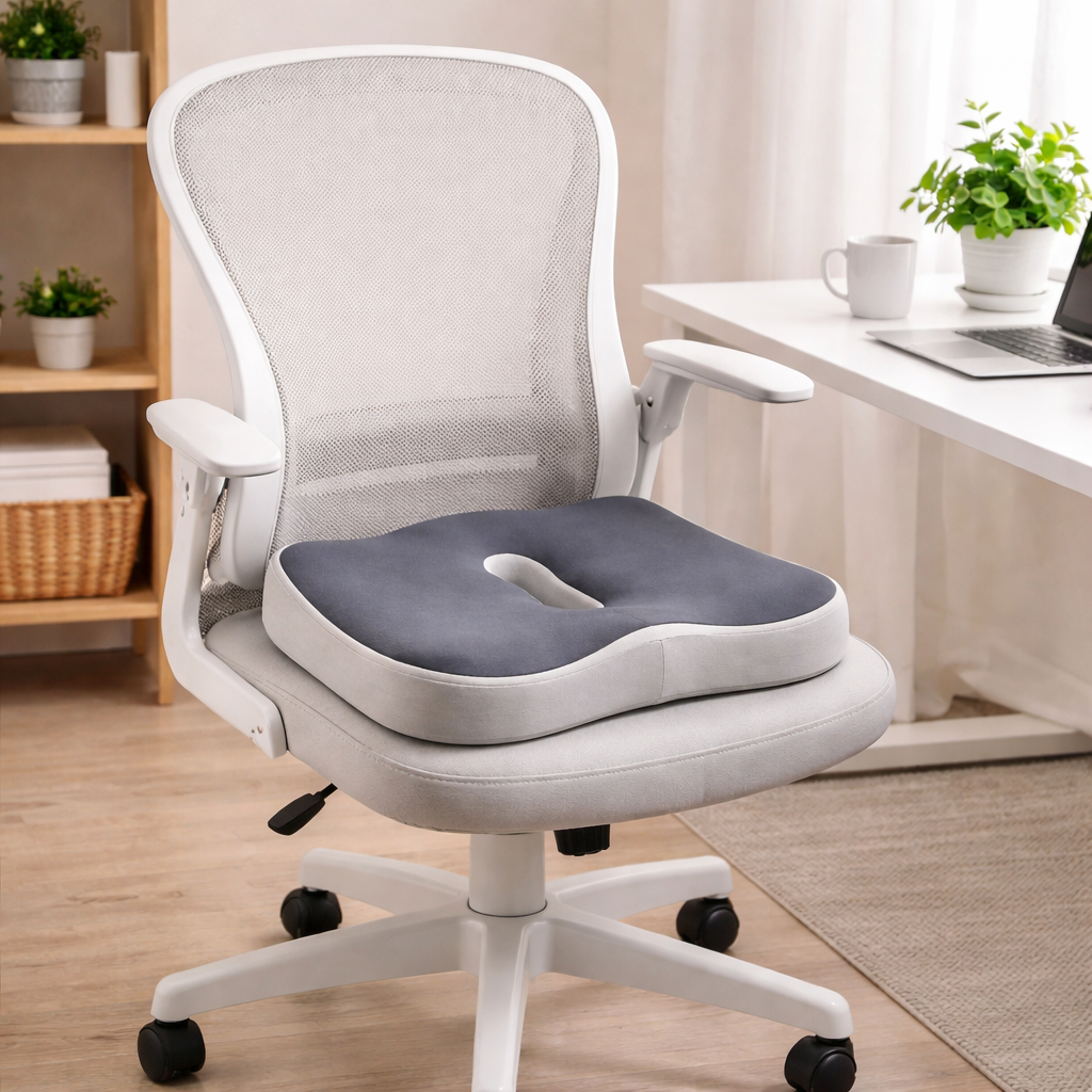 orthopedic seat cushion placed on a white mesh office chair to improve sitting posture and comfort