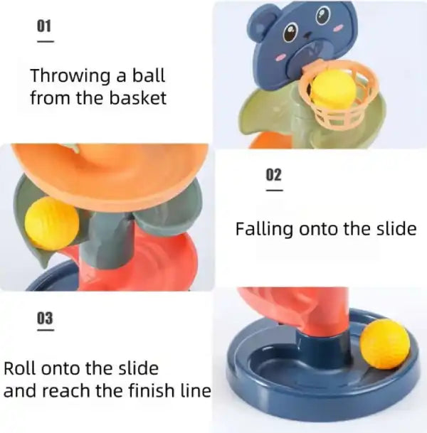 instructional graphic showing how balls roll down the 5-layer Montessori slide to the finish line
