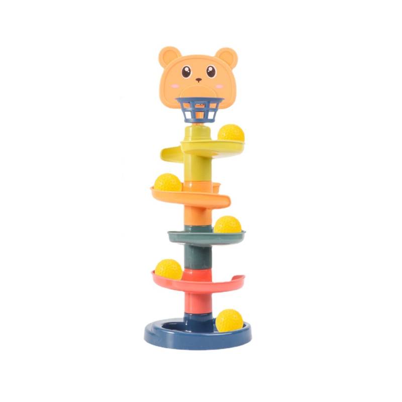 5-layer Montessori rolling ball tower toy with colorful swirl ramps and basketball hoop top