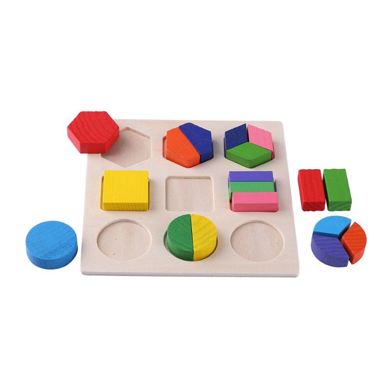 various colorful geometric shapes and fraction pieces shown separately from the wooden Montessori puzzle base