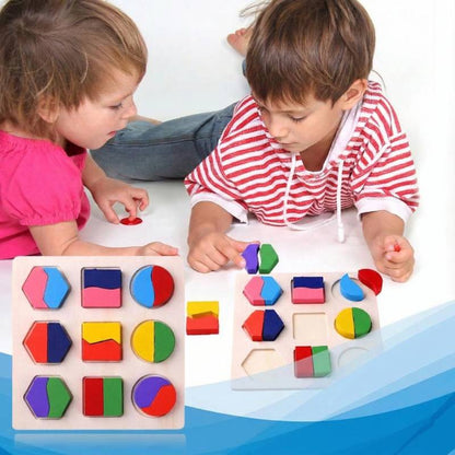 two toddlers engaged in sorting geometric shapes on a wooden Montessori logic board to develop fine motor skills