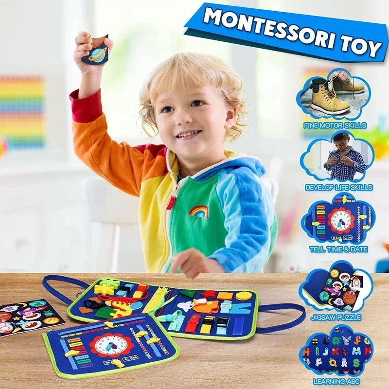 A young child engaged in learning with the interactive blue Montessori toy busy board.