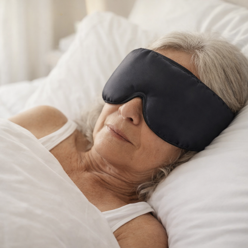 senior woman sleeping soundly in bed using a black silk eyemask for deep light-blocking sleep