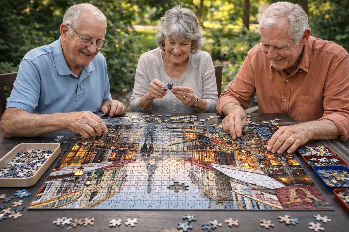 Group of seniors enjoying a 1000-piece Paris street jigsaw puzzle activity together.