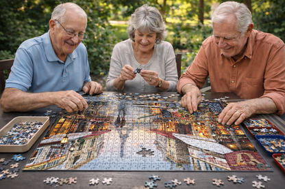 Group of seniors enjoying a 1000-piece Paris street jigsaw puzzle activity together.