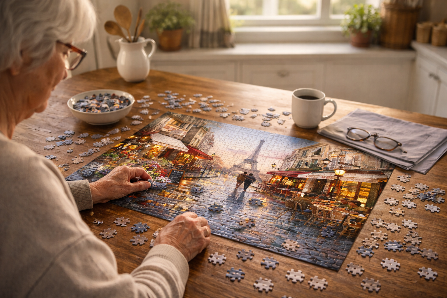 puzzle-1000-piece-hobby.jpg	A woman at home working on the Paris street scene jigsaw puzzle as a relaxing hobby.