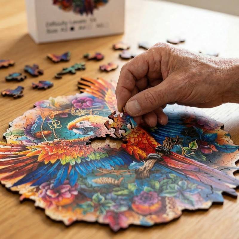 close-up of a senior person's hand carefully placing a uniquely shaped wooden piece into the parrot puzzle