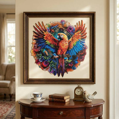 finished and framed parrot wooden jigsaw puzzle displayed as elegant wall art in a living room