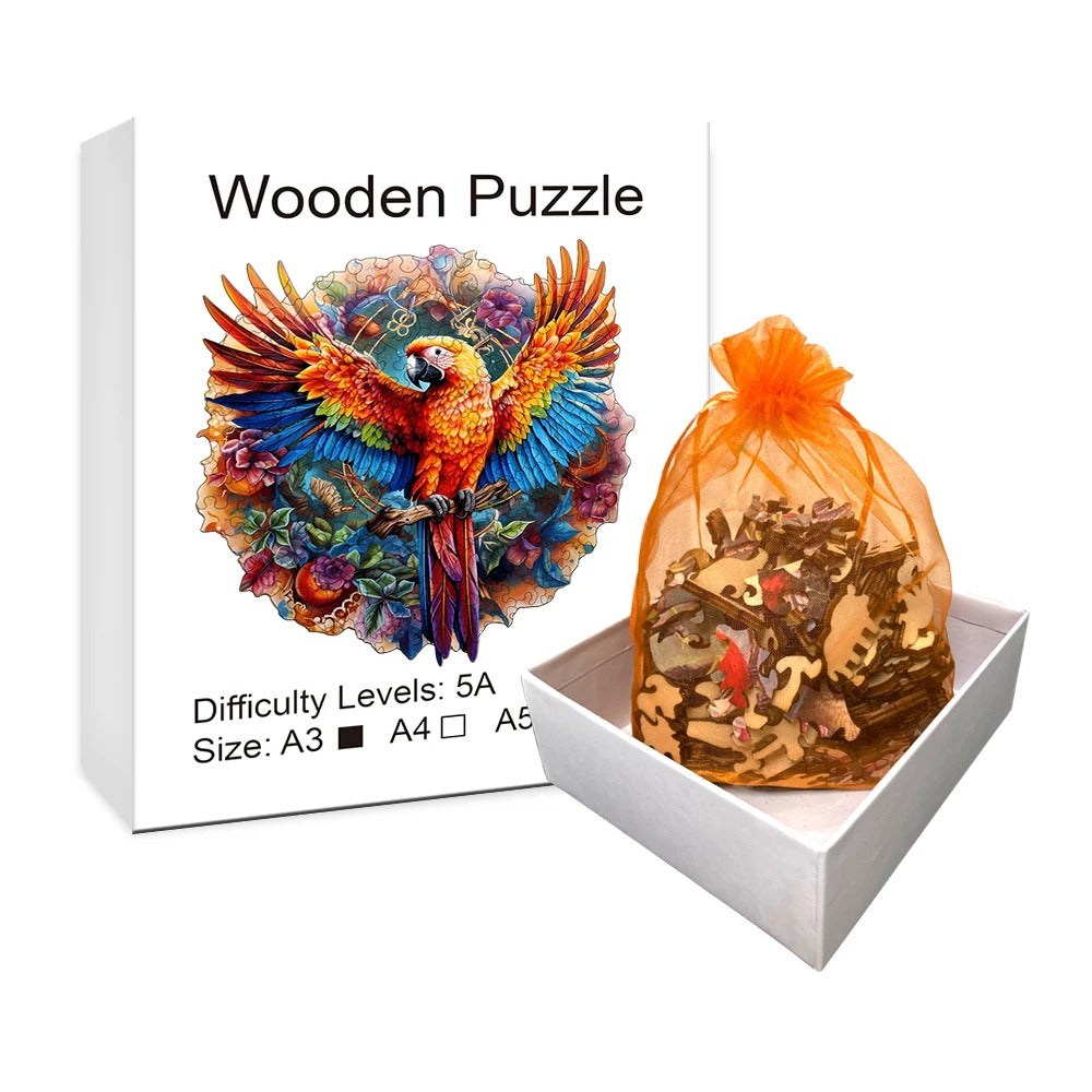 wooden puzzle box set including a premium parrot jigsaw puzzle and an orange drawstring storage bag