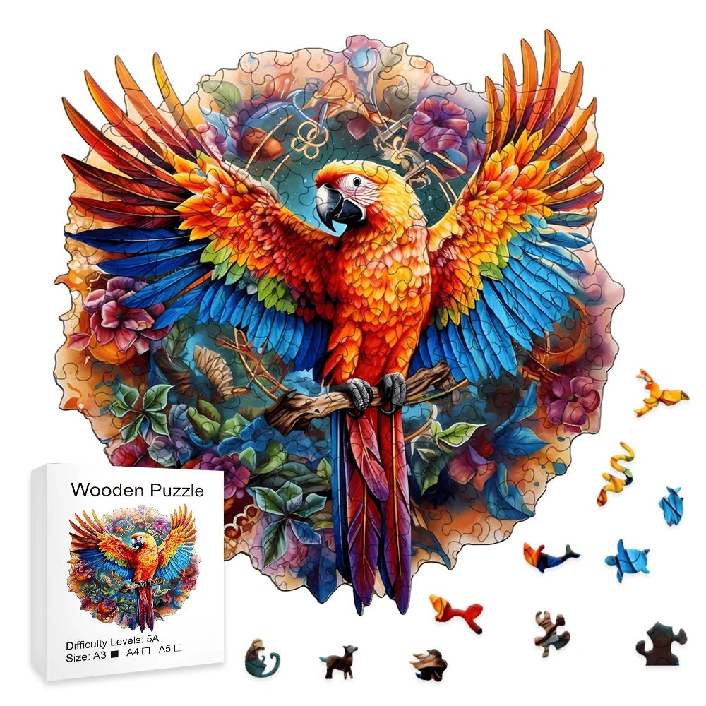 artistic parrot wooden jigsaw puzzle showcase with distinct animal-shaped pieces and premium box packaging