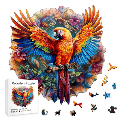 artistic parrot wooden jigsaw puzzle showcase with distinct animal-shaped pieces and premium box packaging