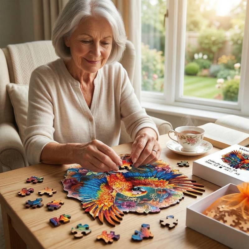 senior woman enjoying a relaxing afternoon hobby by assembling a colorful wooden parrot puzzle