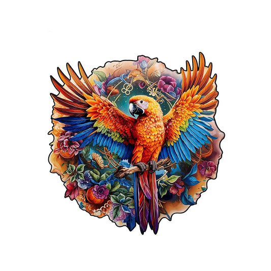 vibrant multi-color parrot wooden jigsaw puzzle with intricate floral details and unique shaped pieces