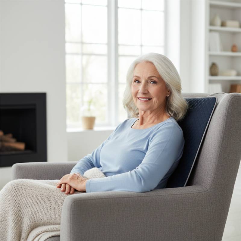 A senior woman using the 4-zone electric heating pad for back pain relief while relaxing in a chair.