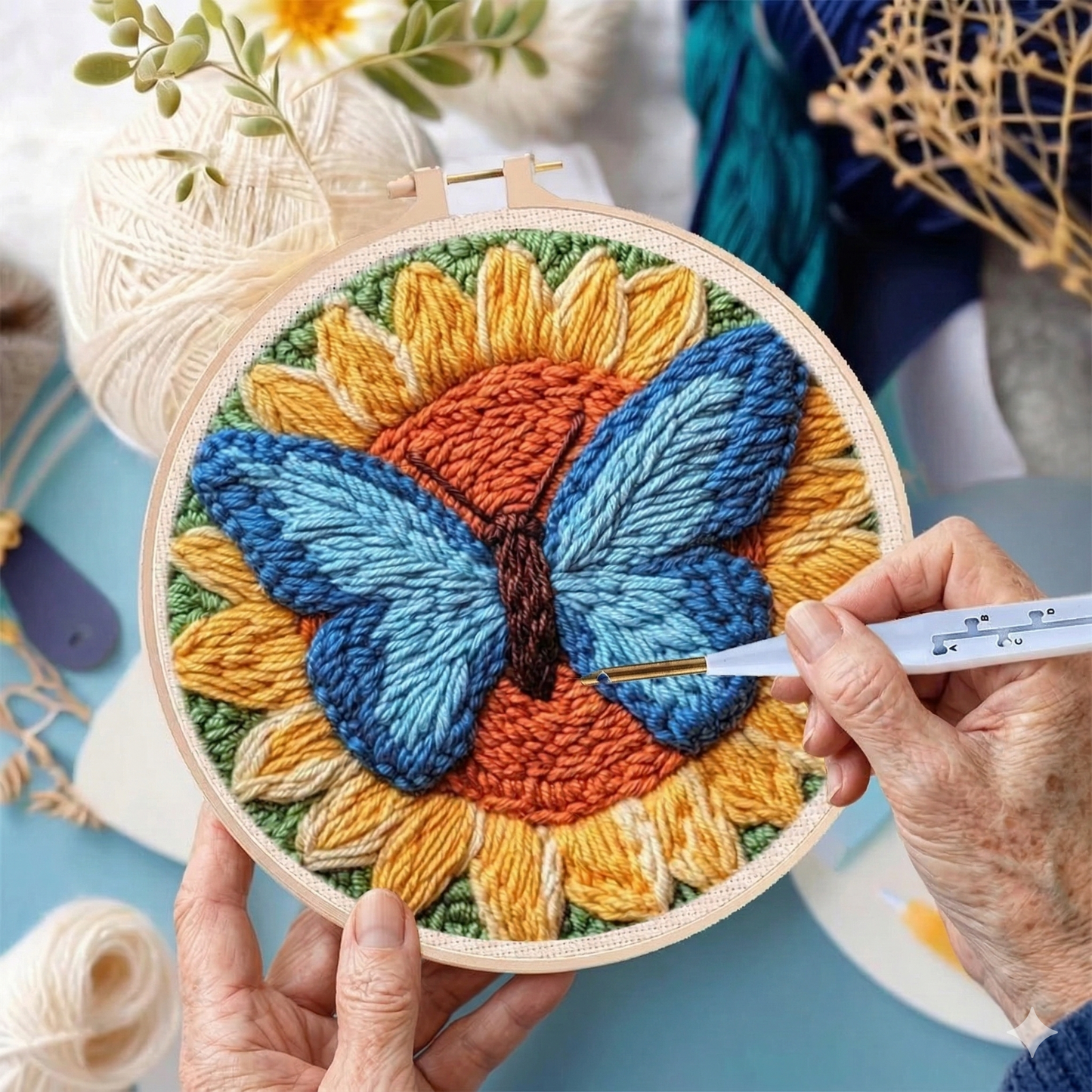 senior hands using a punch needle tool to create a colorful butterfly embroidery art on a wooden hoop