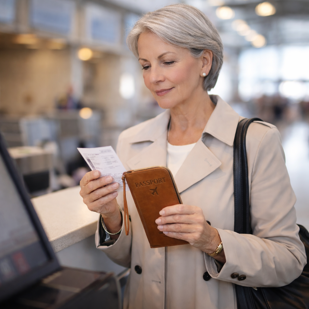 senior woman holding a brown passport wallet while checking in at an airport counter