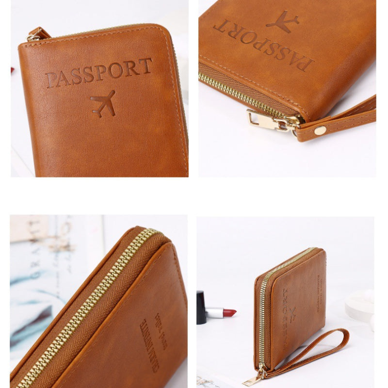 various angles of the RFID passport wallet showing the zipper, stitching, and slim profile