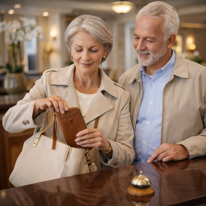 senior couple using a brown RFID passport wallet while checking into a hotel at the front desk
