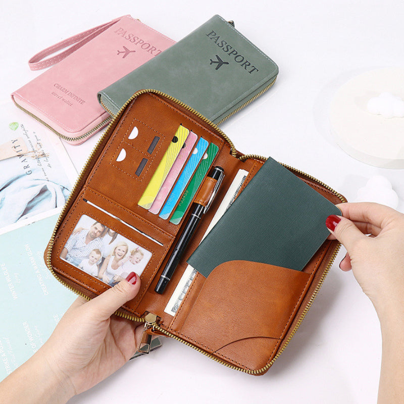 open view of RFID passport wallet showing card slots, pen holder, and passport compartment