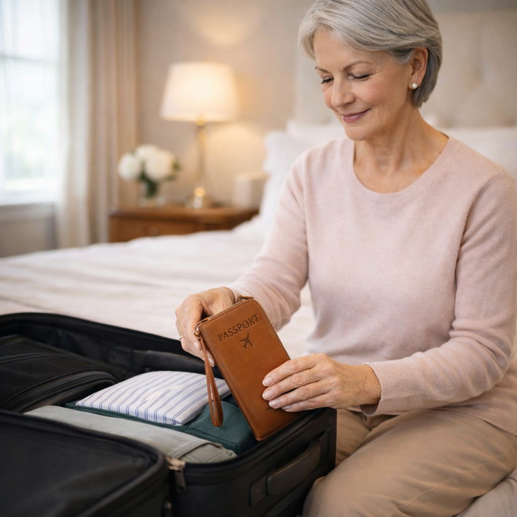 senior female traveler placing her brown travel wallet inside a carry-on suitcase while packing
