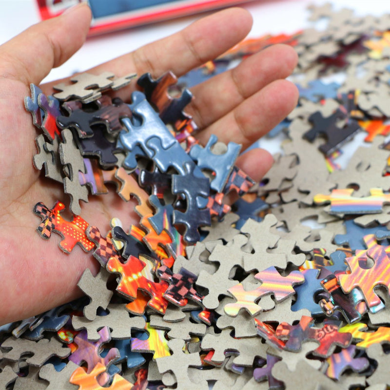 Close-up of the high-quality print and durable pieces of the scenic jigsaw puzzle set.
